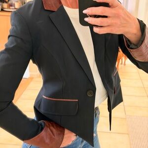 Elizabeth and James Navy crop Blazer with Brown Leather Trim